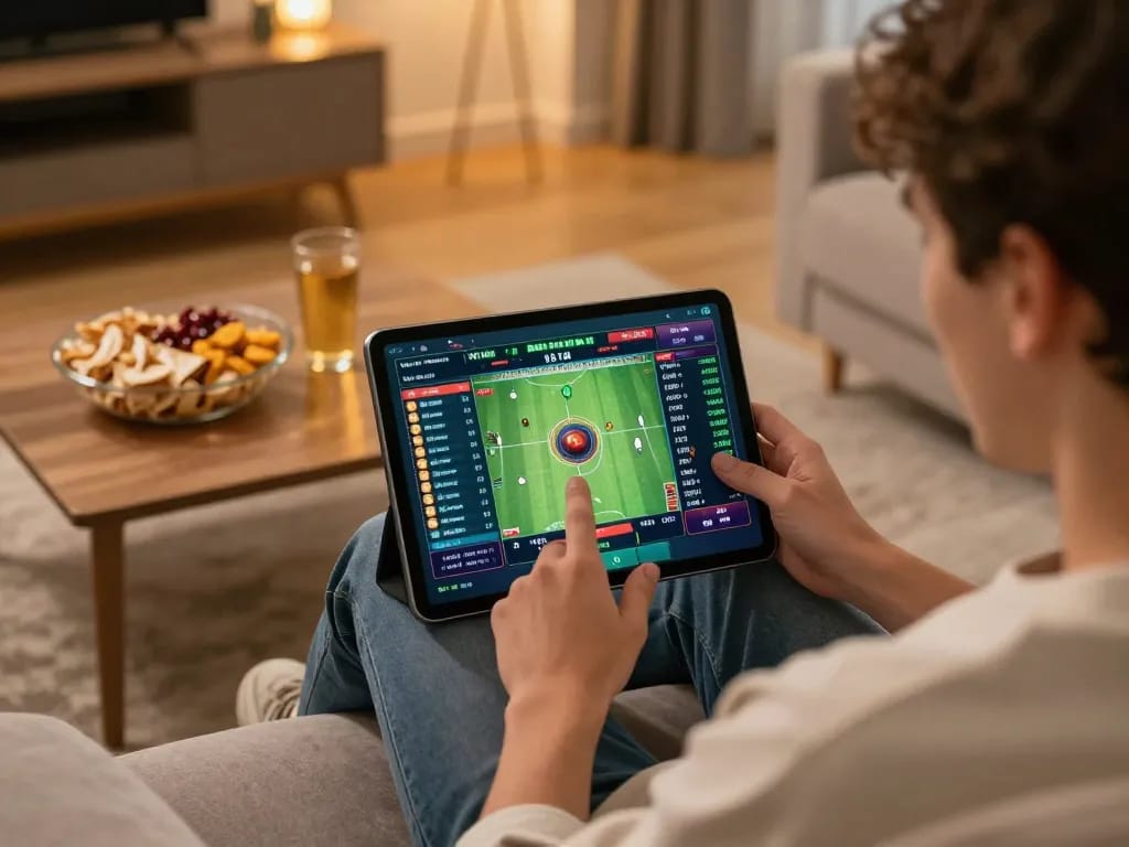Person actively betting on incakoin at home using a tablet, showcasing a vibrant sports betting interface.