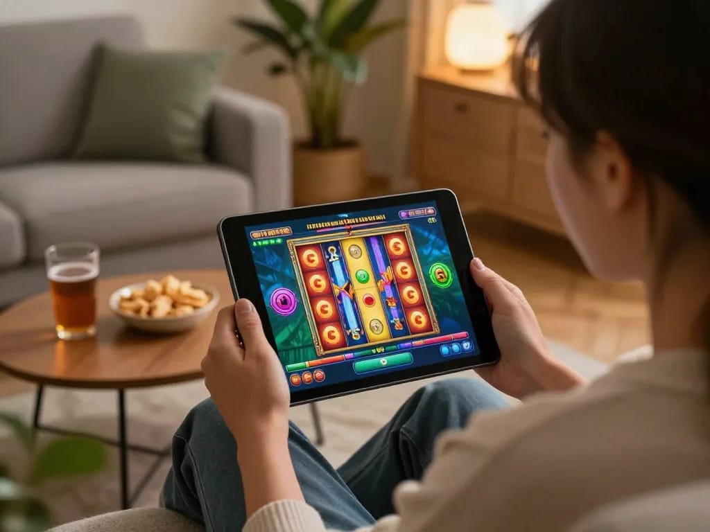 Person enjoying fabet online slots game on tablet in cozy home setting.