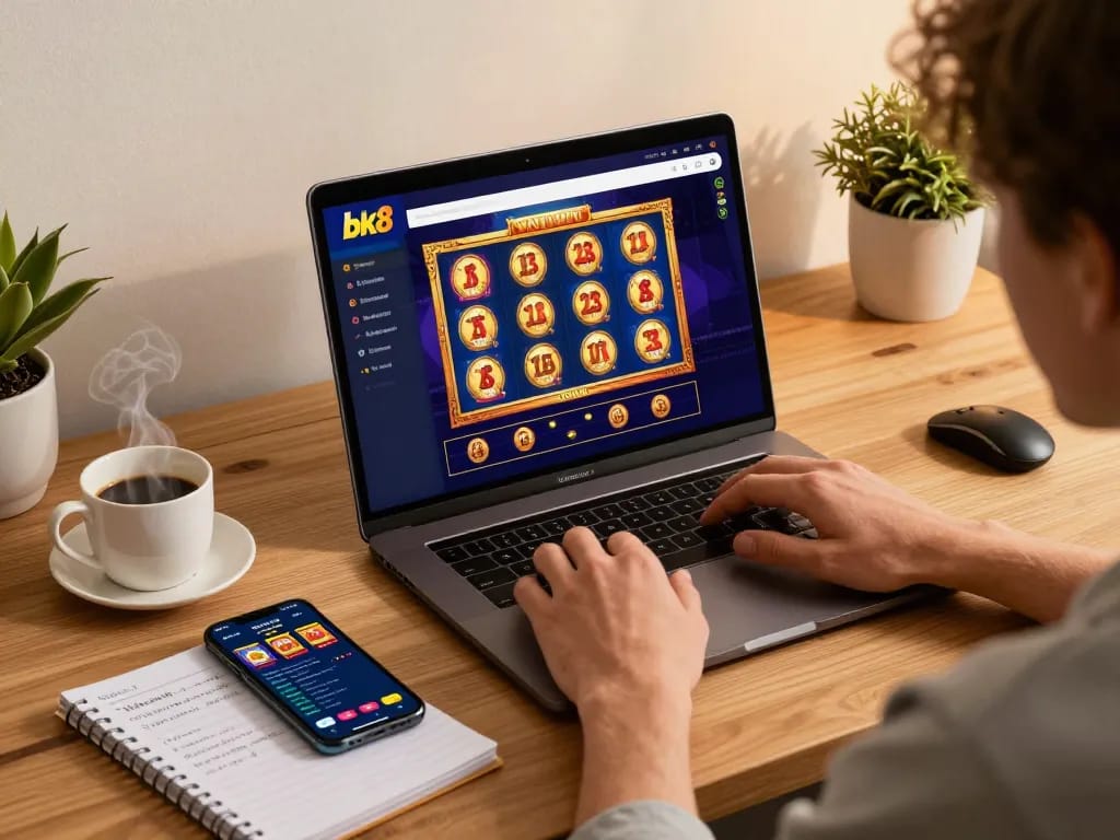 Player engaging with bk8 online casino strategies at home, showcasing modern gaming setup