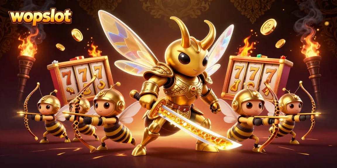 Wopslot enhances gaming excitement with dynamic slot reels and golden characters in action.