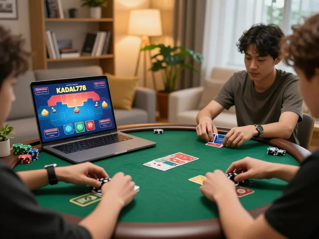 KADAL778 players strategizing during an online poker game in a modern home setting