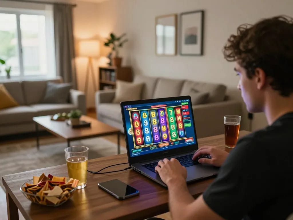 LIGALGO player enjoying a demo slot experience on a laptop with vibrant graphics and engaging atmosphere.