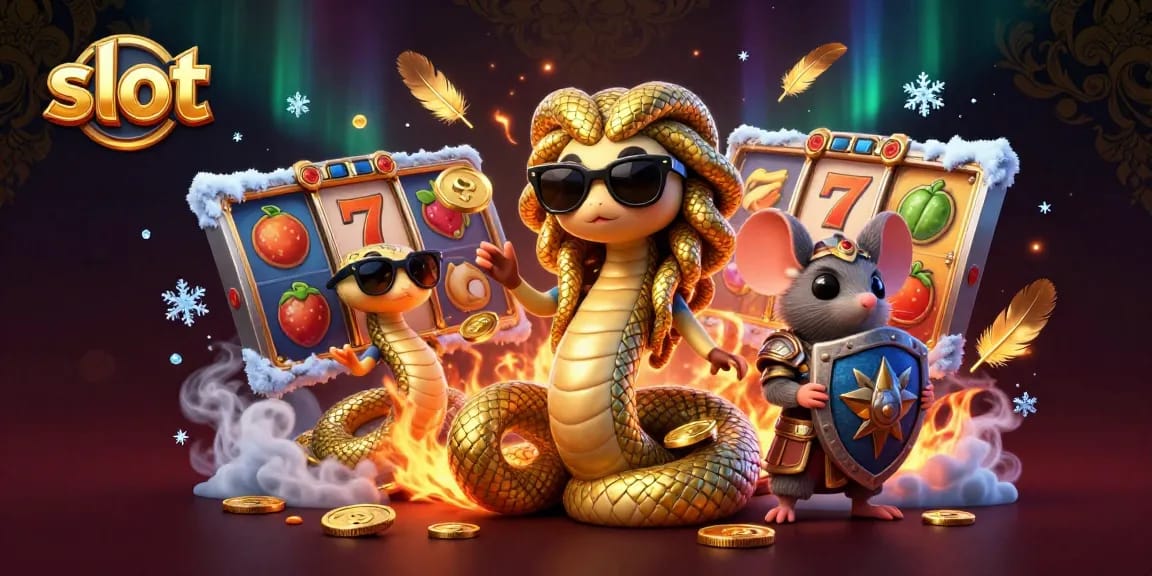Spin the vibrant slot reels with Medusa and a warrior mouse in this dynamic casino scene.
