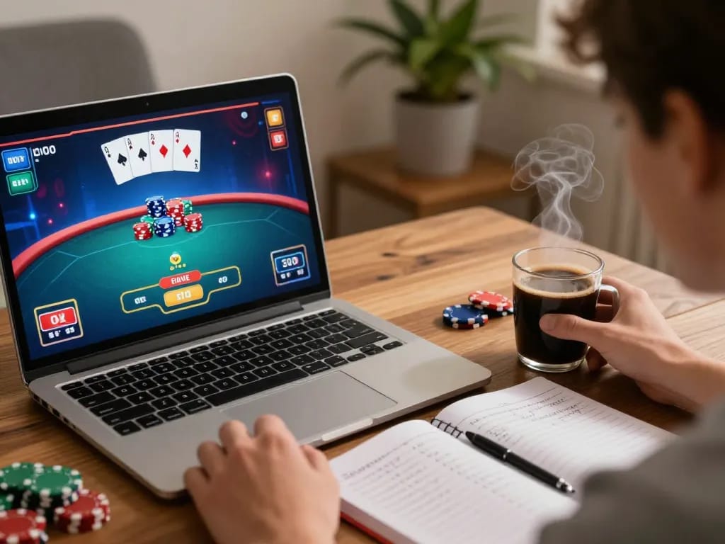 w188 player strategizing online poker with laptop, vibrant graphics and cozy setting