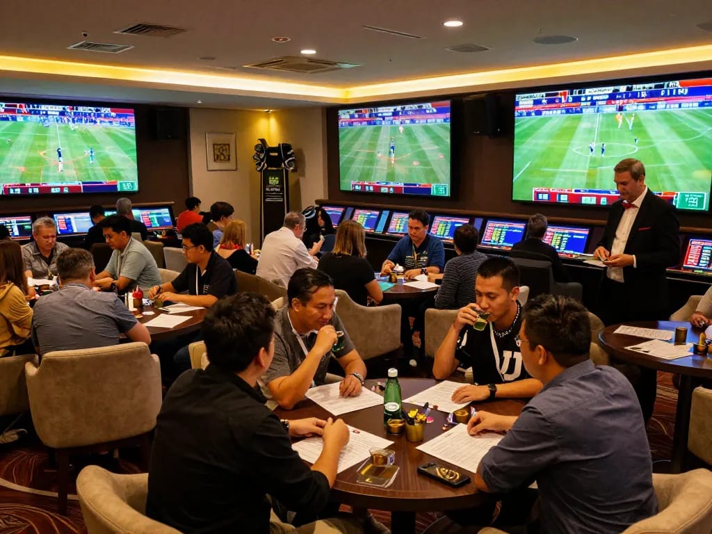 Experience the excitement of Jun88 sports betting in a vibrant lounge filled with bettors analyzing odds.