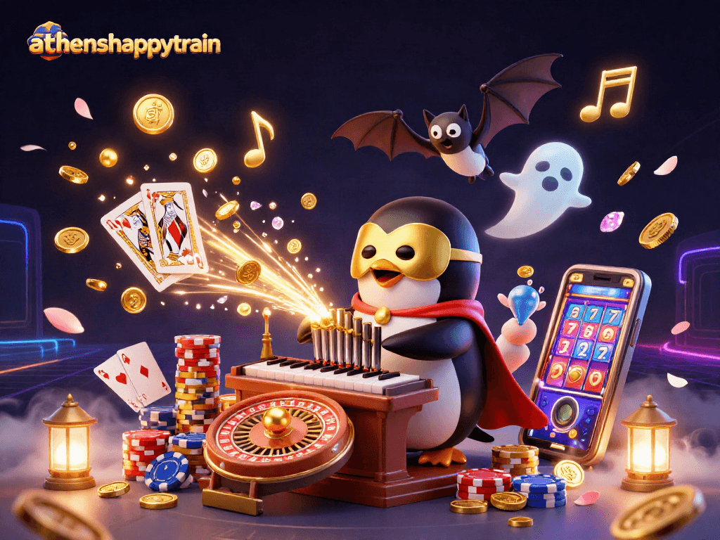 Experience the thrilling gaming atmosphere with athenshappytrain, where the 3D cartoon penguin plays exciting tunes!