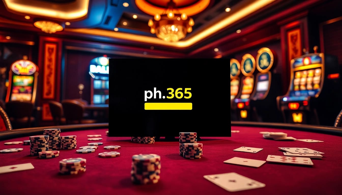 Enter the ph365 login interface amid a vibrant casino ambiance featuring poker chips and playing cards.