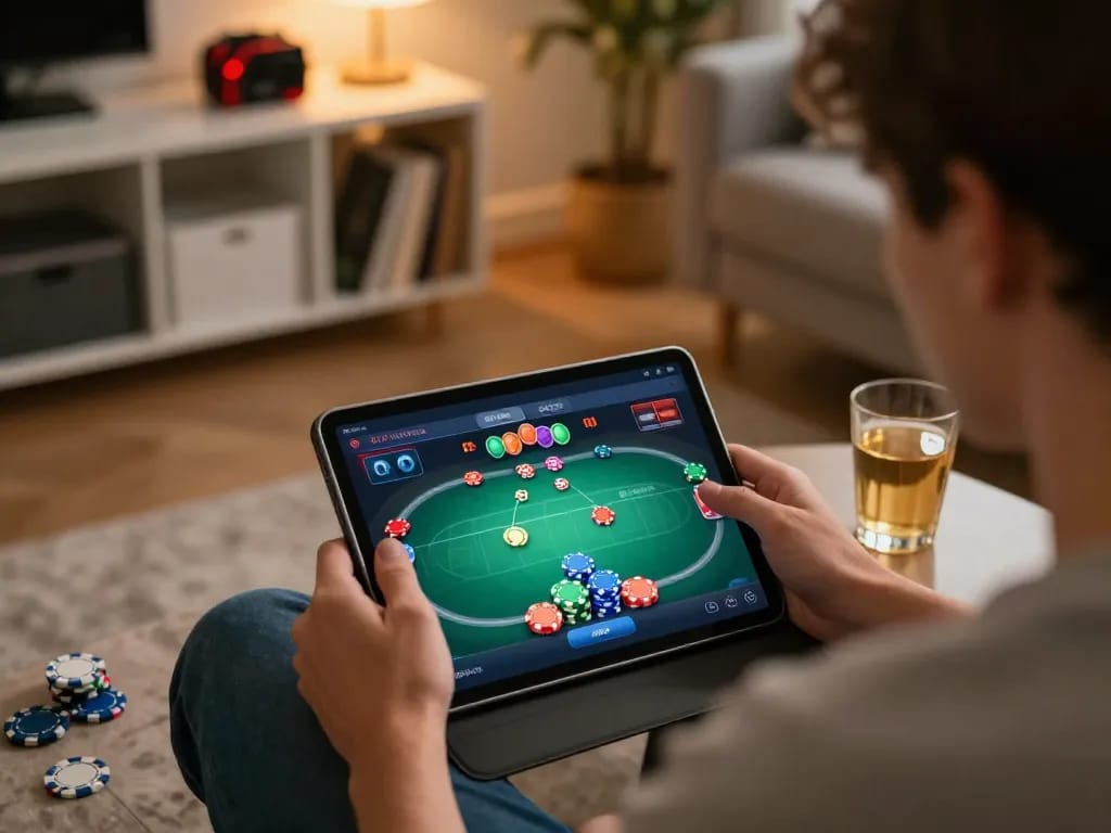 Iwin player engaging in online poker gaming session with vibrant chips in a cozy home setting.