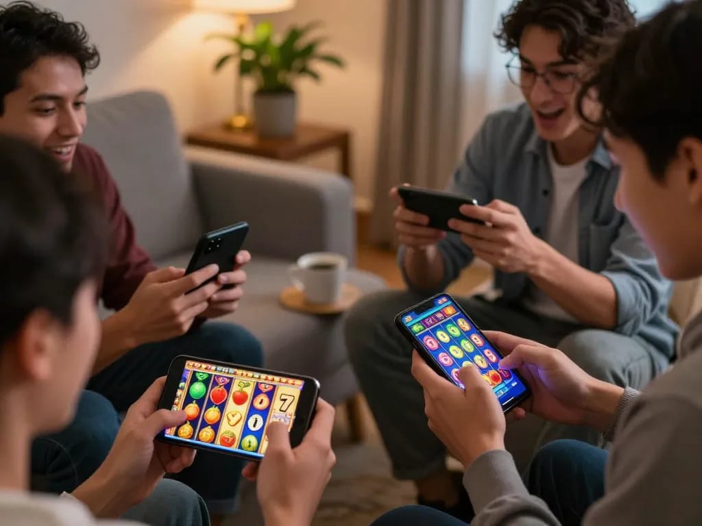 Players enjoying winstrike69 mobile slot games, showcasing excitement and anticipation in a cozy home setting.