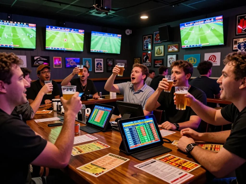Exciting sports betting atmosphere with kèo bóng đá displayed on digital devices and patrons engaged
