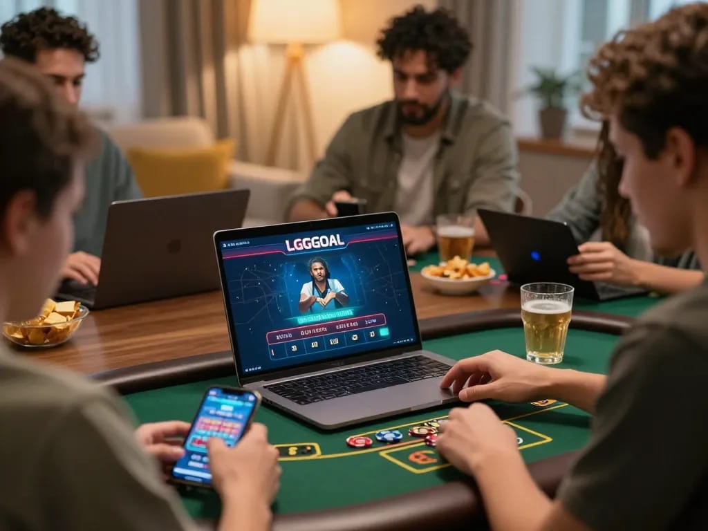 Players engaging with LGOGOAL casino platform during a cozy home gaming session, showcasing online betting excitement.