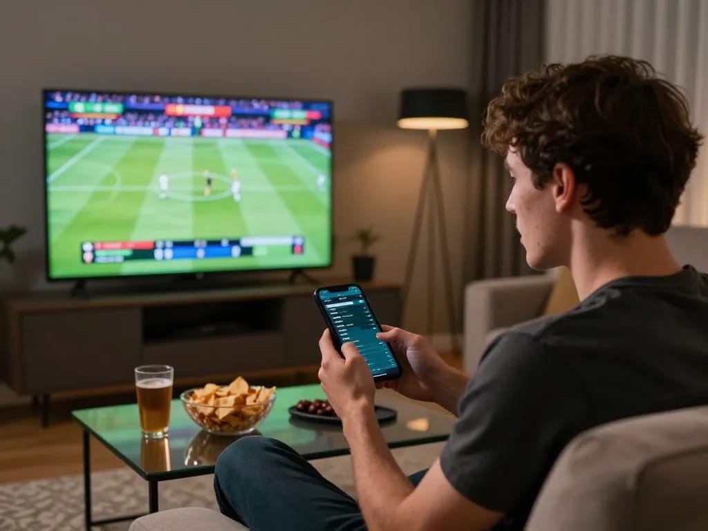Engaged bettor analyzing live sports odds on a mobile app during a thrilling tg88 sports event at home.