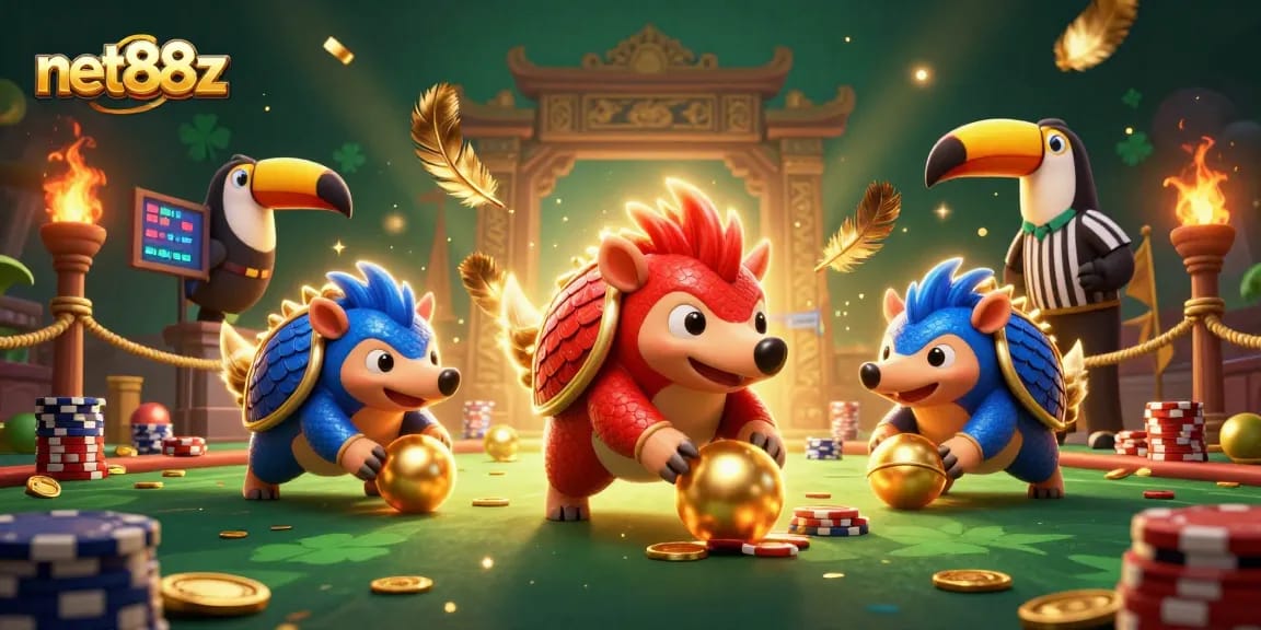 Watch net88z pangolins battle it out in a dynamic casino setting with poker chips, confetti, and vibrant visuals.