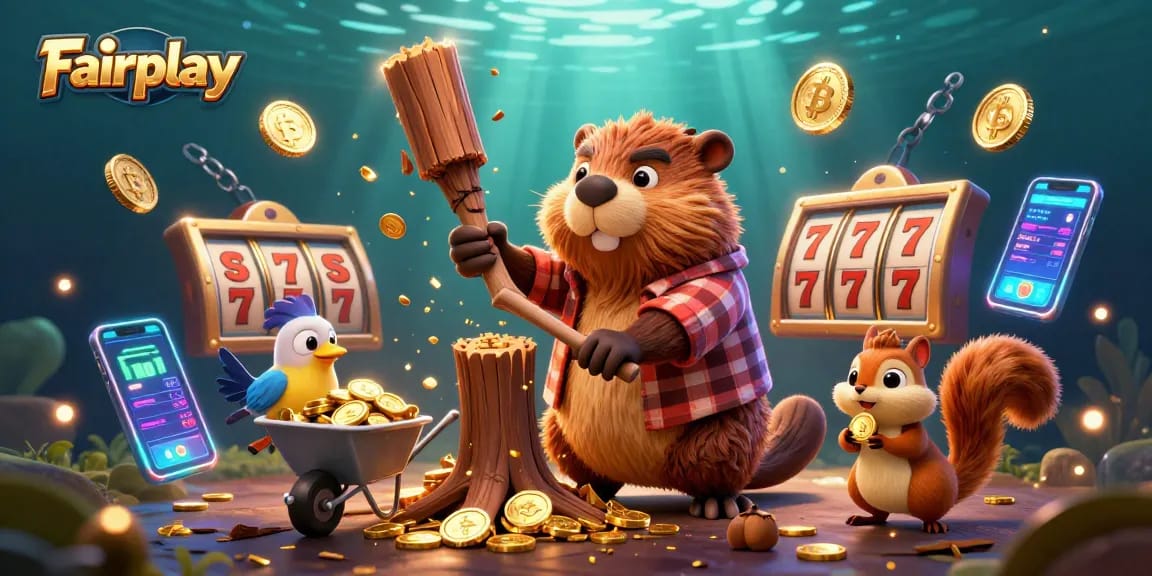Fairplay casino scene featuring a beaver collecting golden coins amidst gaming excitement.
