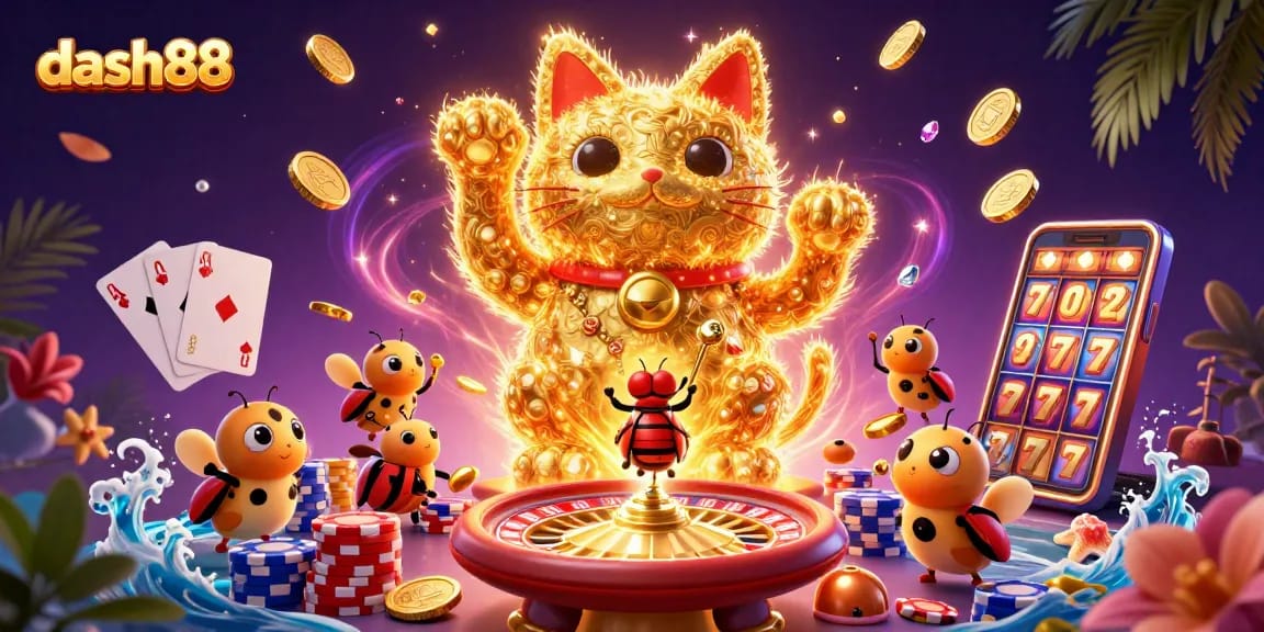 Get ready to win with dash88 as lucky symbols and golden coins fill the vibrant casino scene.