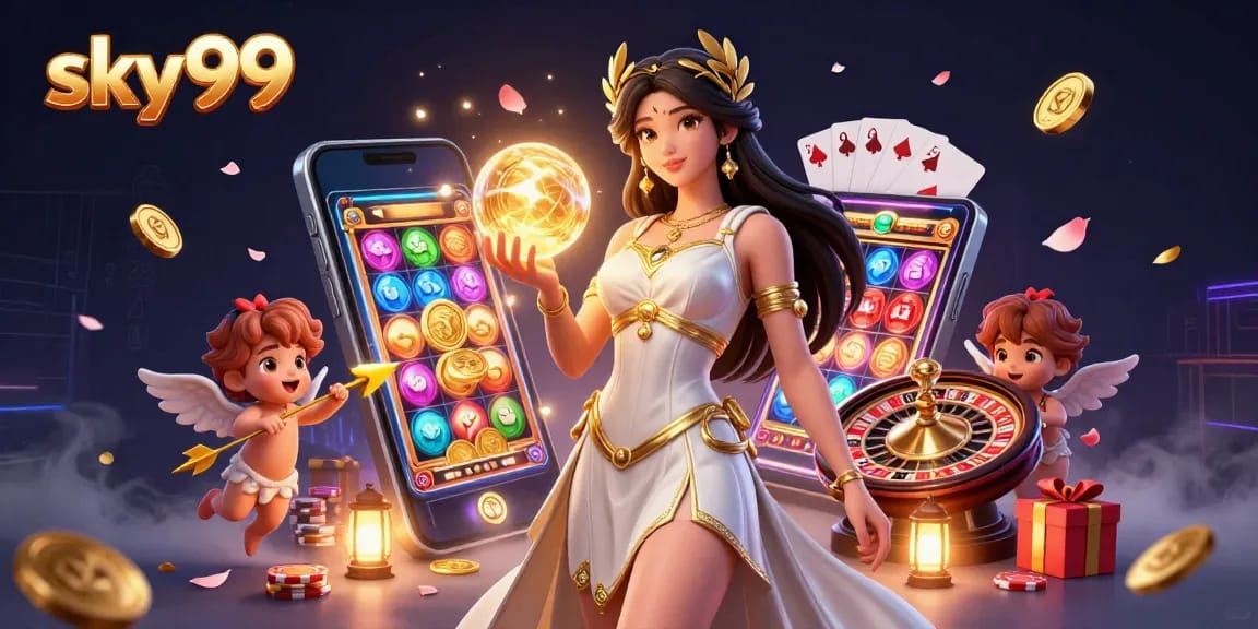 Sky99 membawa pemain ke dalam permainan slot yang mendebarkan dengan dewi yang menawan dan anak-anak berbulu melintasi pemandangan yang penuh warna.