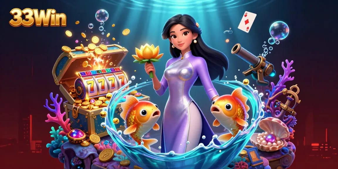 Win big with 33Win featuring detailed Asian-themed casino art and vibrant game elements.