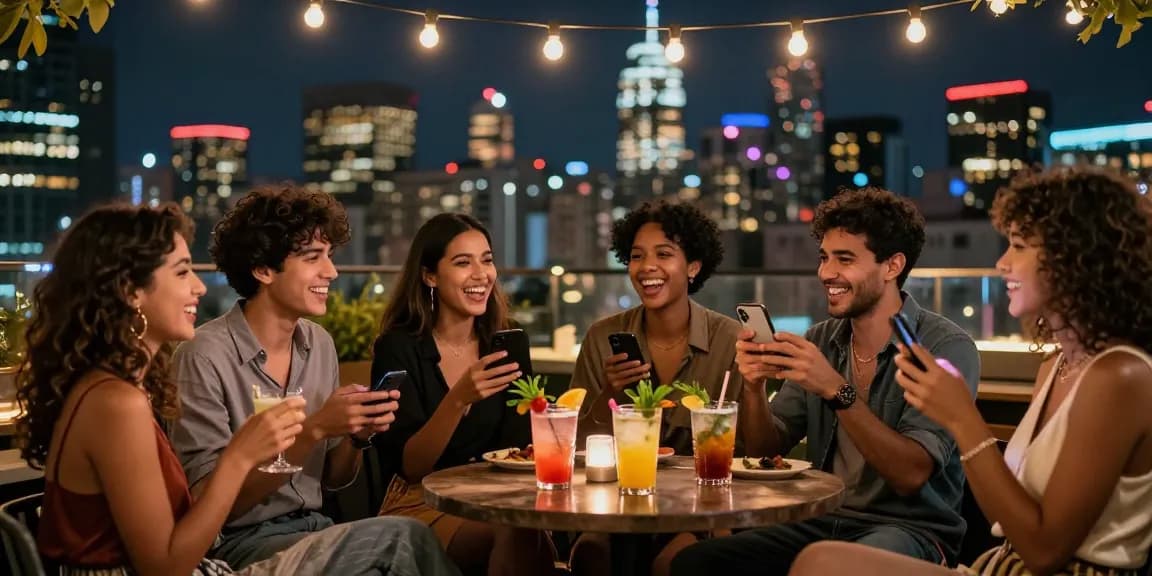 NSFW nightlife gathering at a rooftop bar with vibrant cocktails and city skyline.