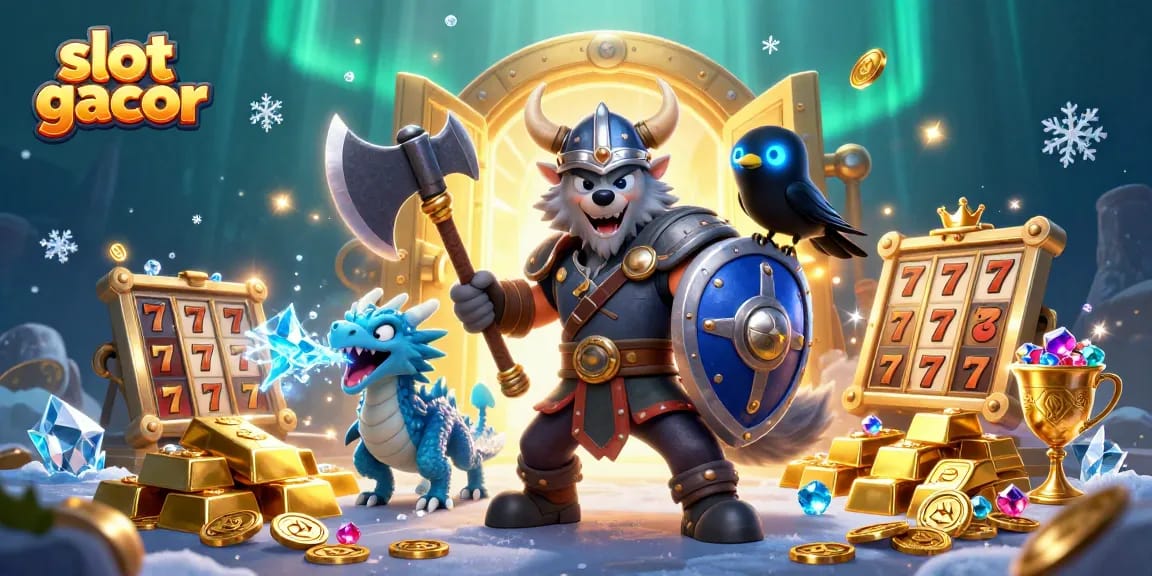 Win big with slot gacor as a Viking warrior battles alongside dragons and treasure in this lively illustration.