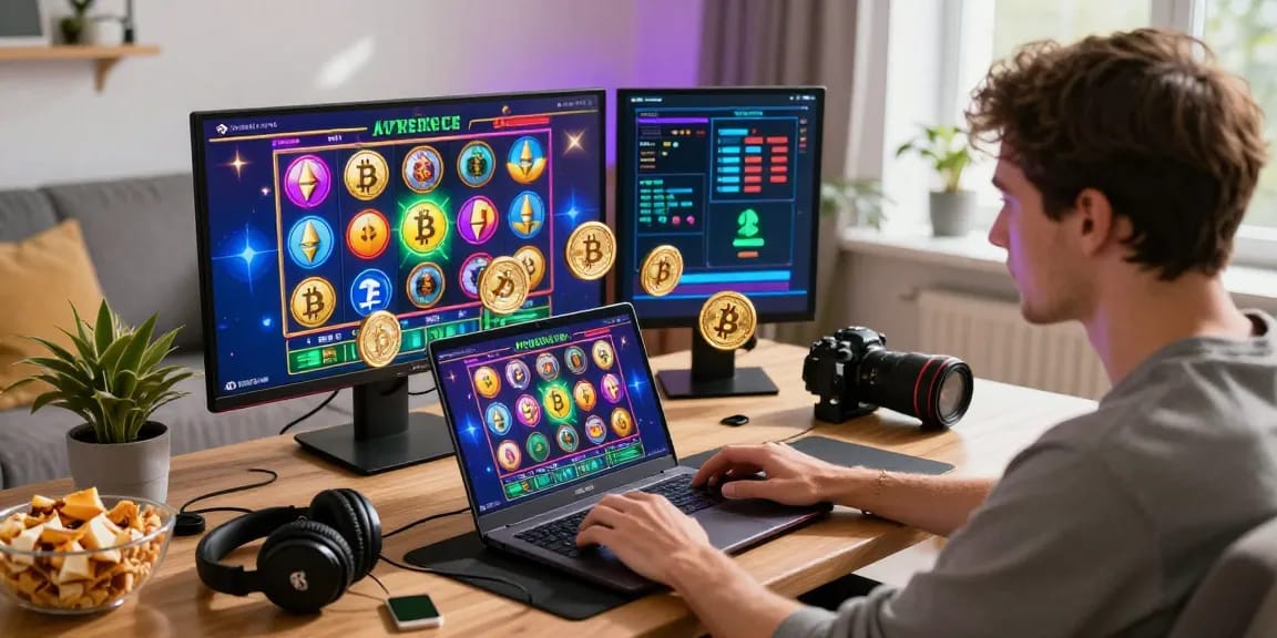 Player engaged with non UK registered casinos on a laptop, surrounded by virtual currencies and gaming accessories in a lively home setting.