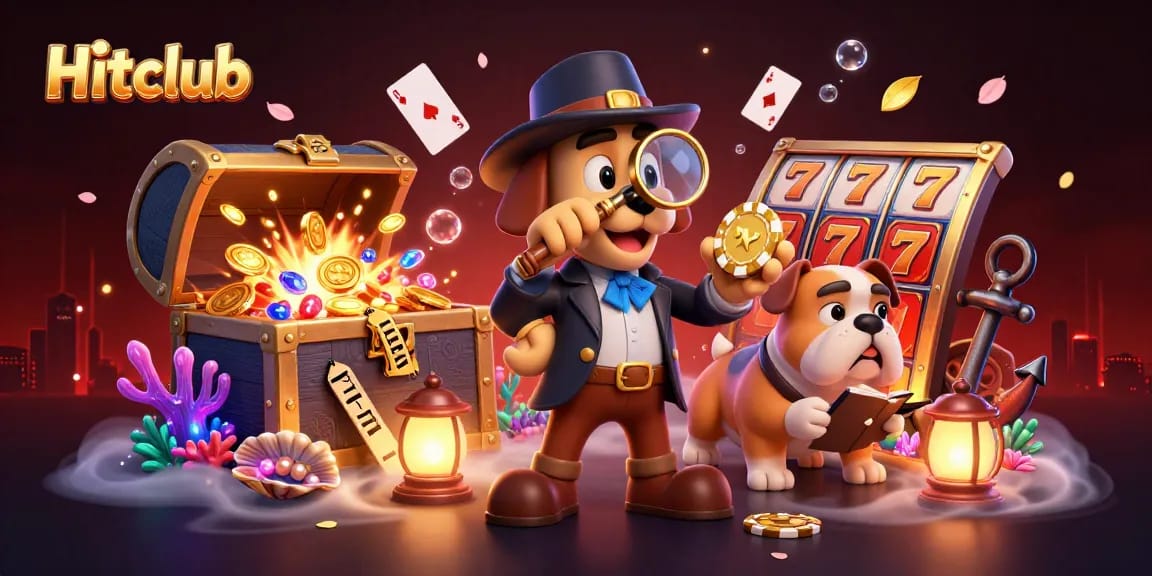 Hitclub gaming illustration featuring a detective dog and vibrant casino elements.