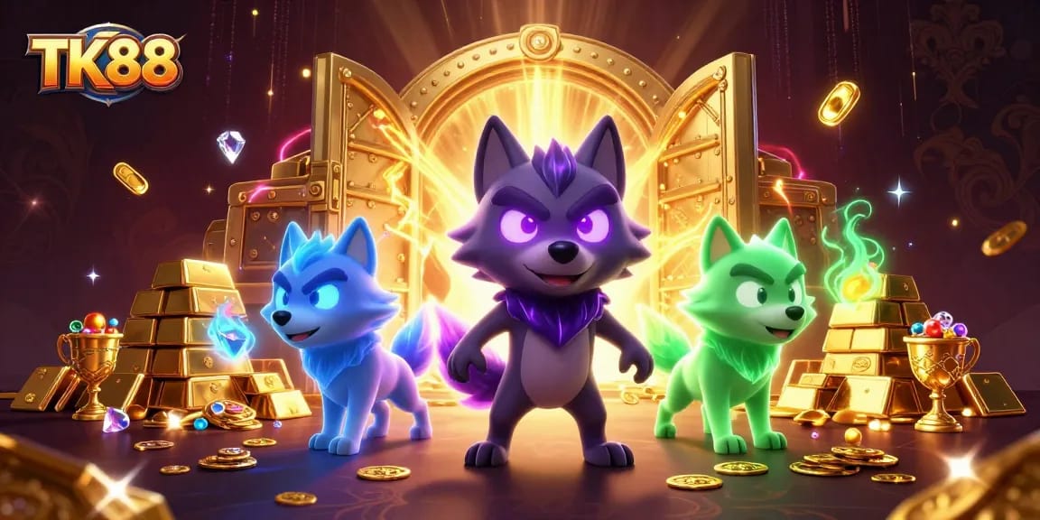 Engage in exciting winning experiences with TK88’s vibrant 3D illustration featuring a ghostly wolf pack.