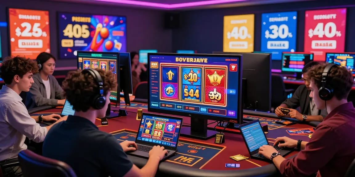 Players enjoying a lively online casino with engaging games, highlighting casinos that accept credit cards for easy deposits.