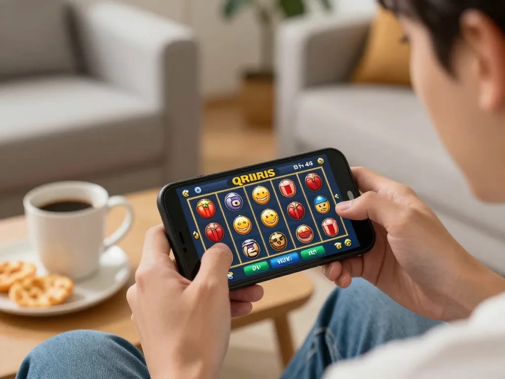 Player enjoying slot qris game on smartphone in cozy home ambiance.