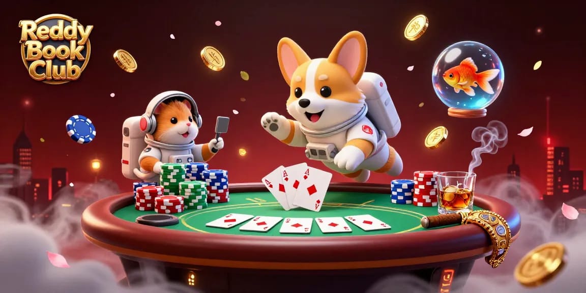 Engage with Reddy Book Club in a vibrant space casino scene filled with poker elements and floating assets.