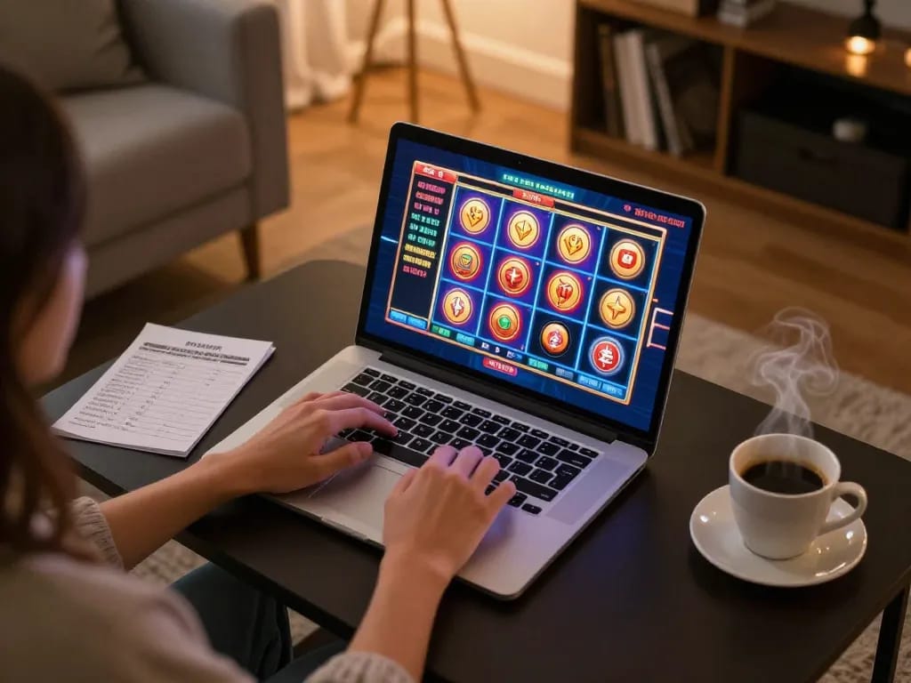 Player engaging with nk88 online slots in a cozy home environment, showcasing vibrant gaming interface