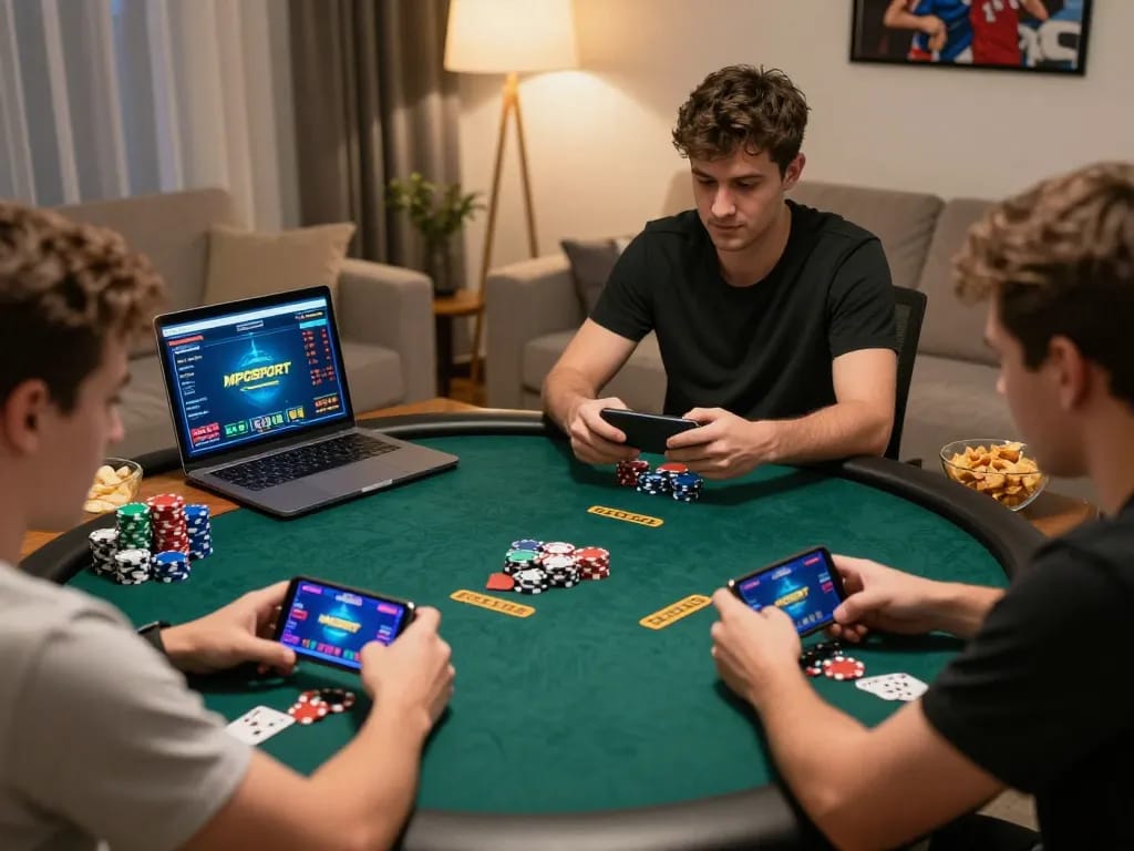 Players engaging in online poker with MPOSPORT, capturing excitement and competition in a cozy living room.