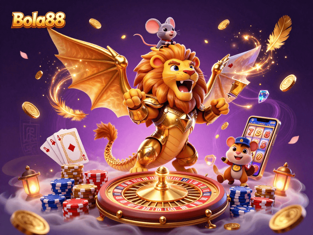 Bola88 menghadirkan ilustrasi kasino 3D yang kaya detail, menampilkan karakter chimera dan elemen perjudian menarik.