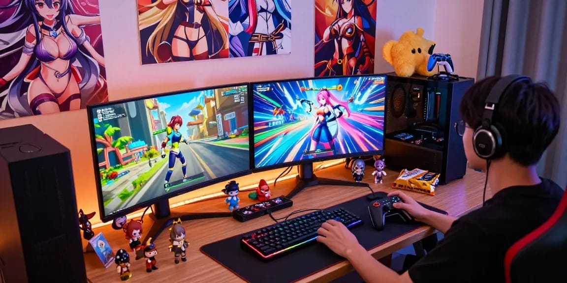 Engaging gameplay scene featuring various hentai games on multiple screens, showcasing vibrant graphics and a dynamic setup.