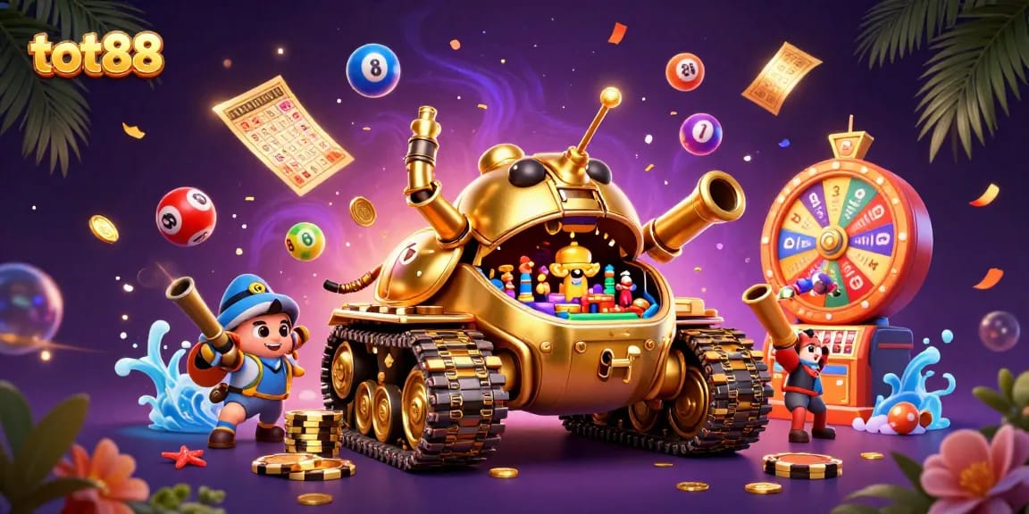 Experience the excitement of tot88 as colorful lottery balls and prizes fill this vibrant casino scene.