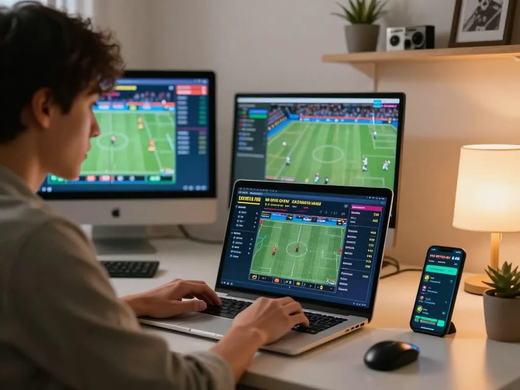 F168 user analyzing real-time betting odds on laptop in modern home office, showcasing active sports betting strategies.
