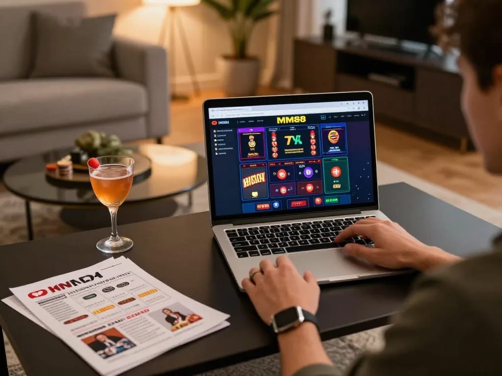 Player exploring MM88 online casino on a laptop in a stylish home setting, emphasizing modern gambling experience.