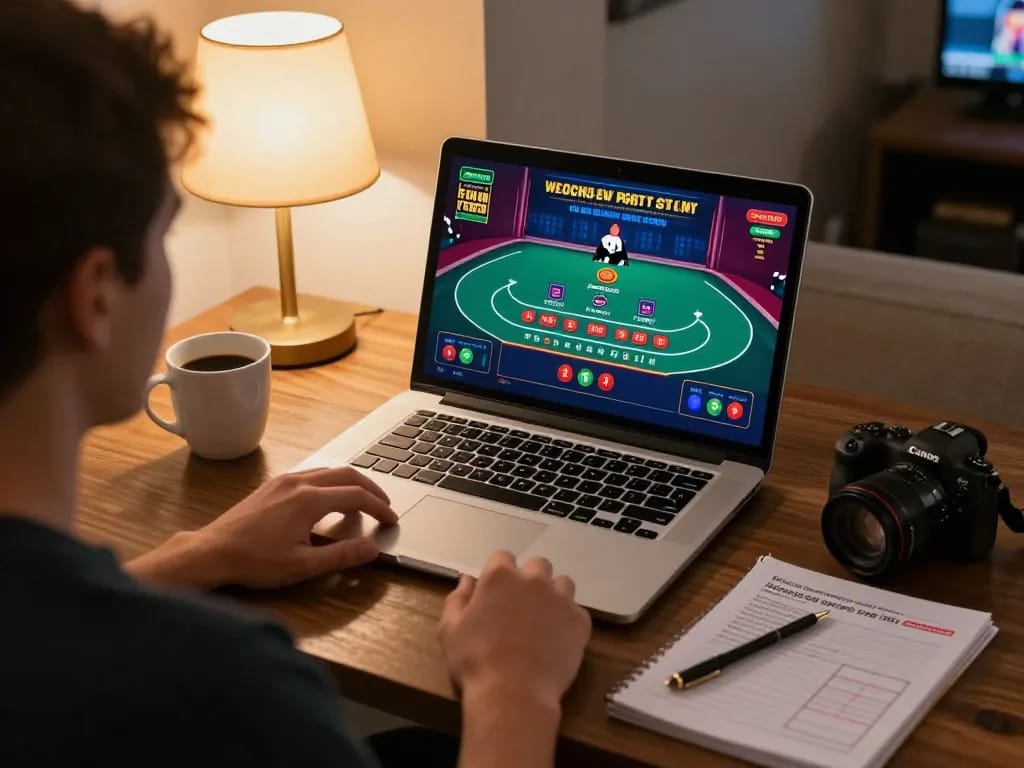 Cloud-africa players engaging in online gaming with a laptop, showcasing strategic blackjack action and cozy atmosphere.