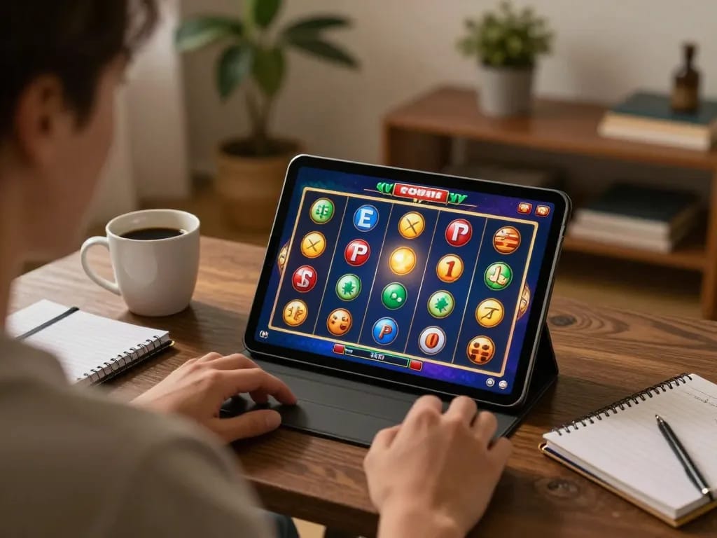 Engaging online gameplay at LGOSUPER with vibrant slots on tablet, cozy home atmosphere.
