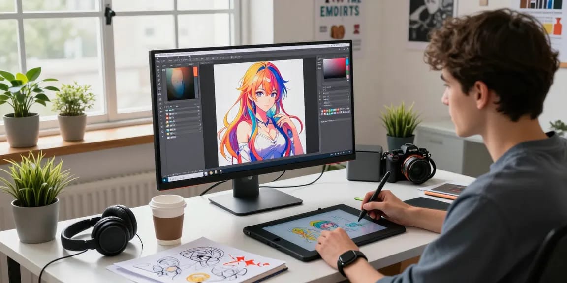 Creative workspace showcasing hentai ai digital art creation process with artist at desk.
