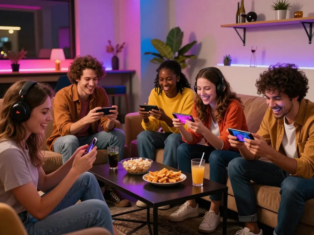 Engaged group enjoying mobile porn games in a vibrant gaming lounge atmosphere.