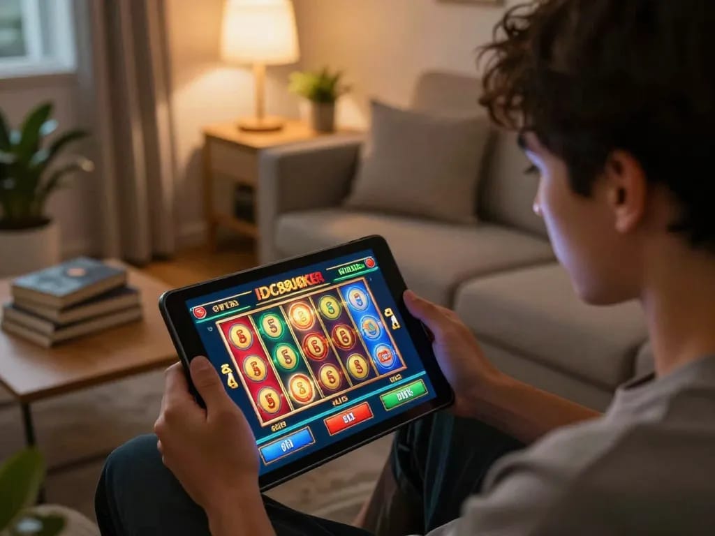 IDC88JOKER player enjoying an immersive online slot experience at home with tablet.