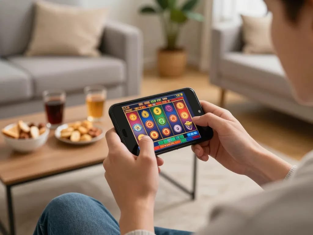 situs slot gaming on smartphone in a cozy living room, emphasizing responsible gaming.