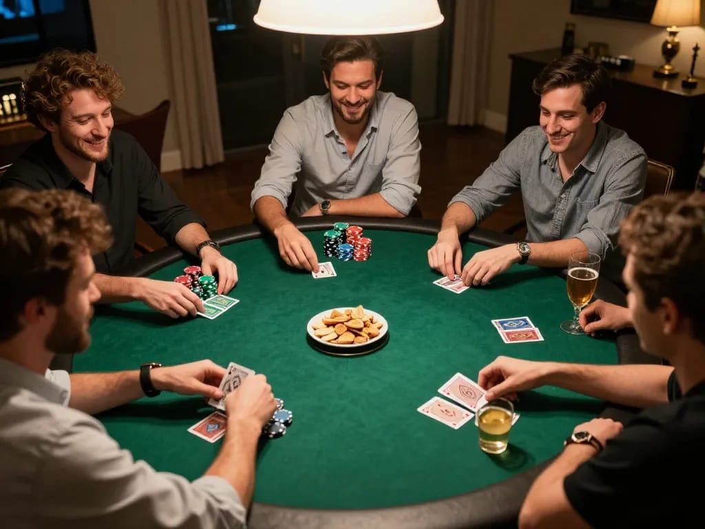 Nego77 players enjoy an exciting poker game night with cards, chips, and drinks