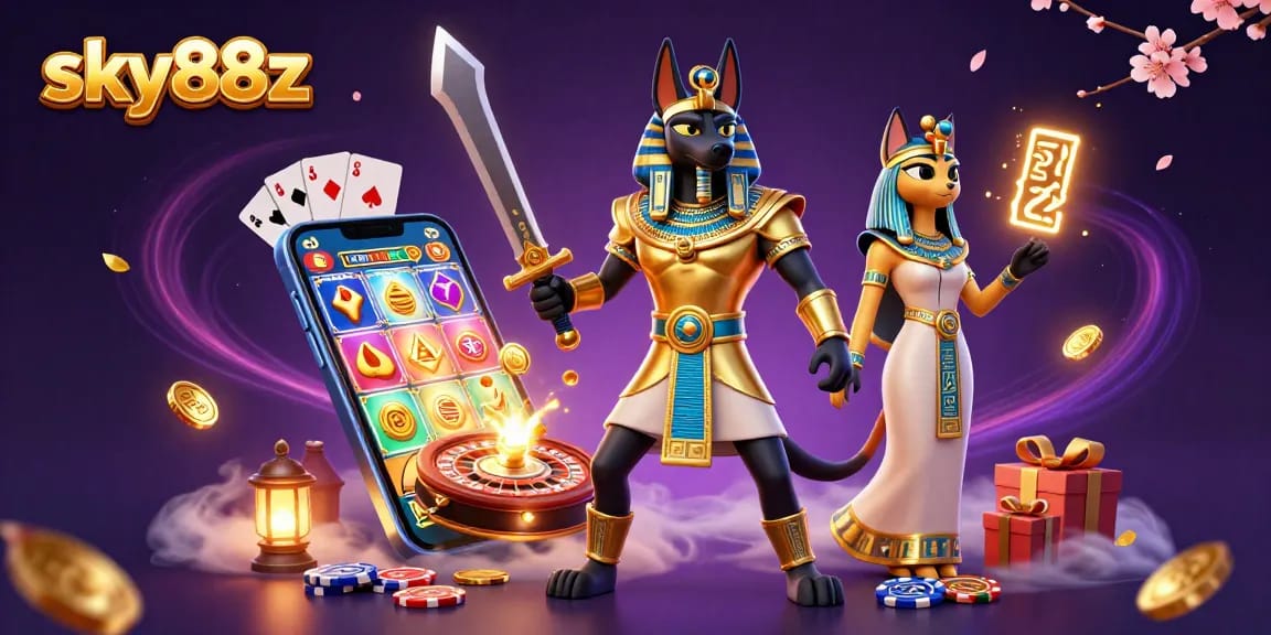 Activate winning spins at sky88z with Anubis and Bastet surrounded by vibrant casino elements.