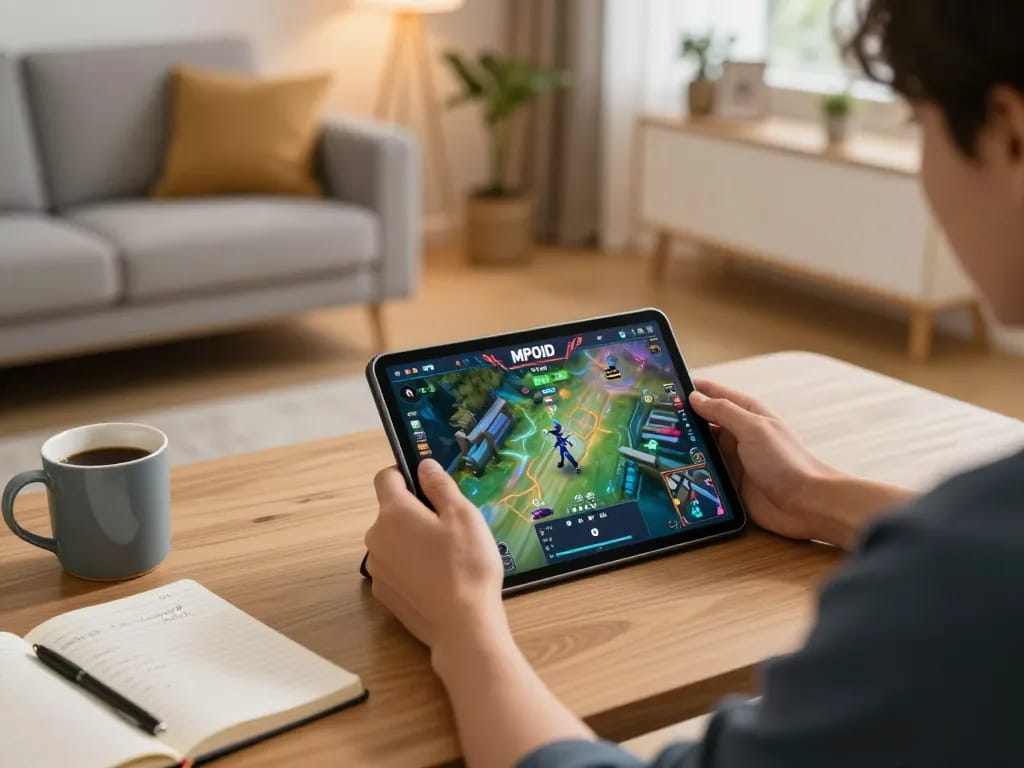 Player enjoying an MPOID game on tablet, showcasing a cozy home gaming setup.