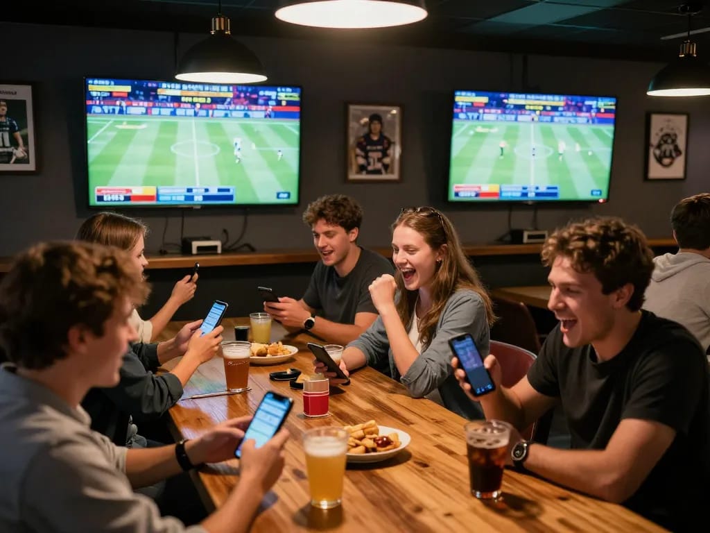 Friends enjoying an exciting sports betting moment at the fabet app, cheering for live games on TV
