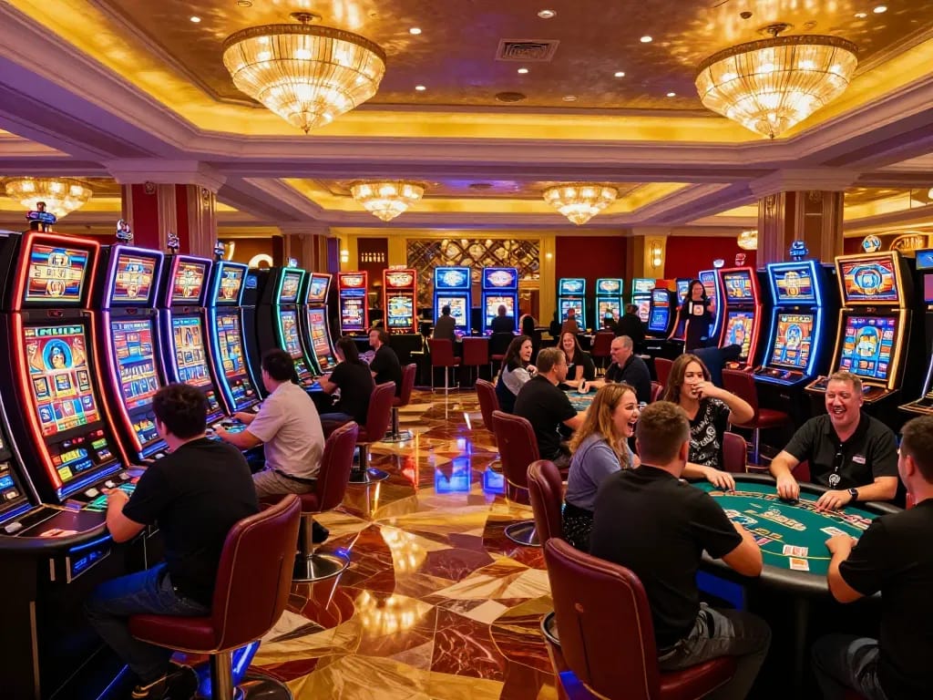 Players enjoying vibrant slot machines at sunwin casino with animated displays and lively atmosphere.