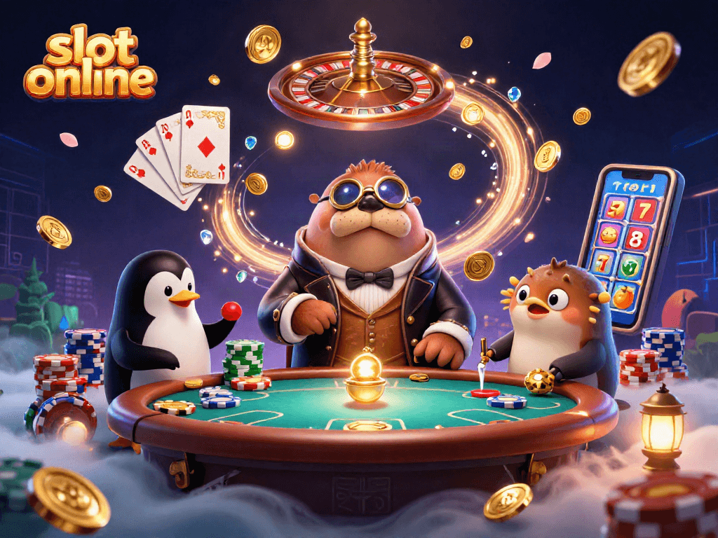 Experience slot online action with a jolly walrus and casino elements in a vibrant scene.