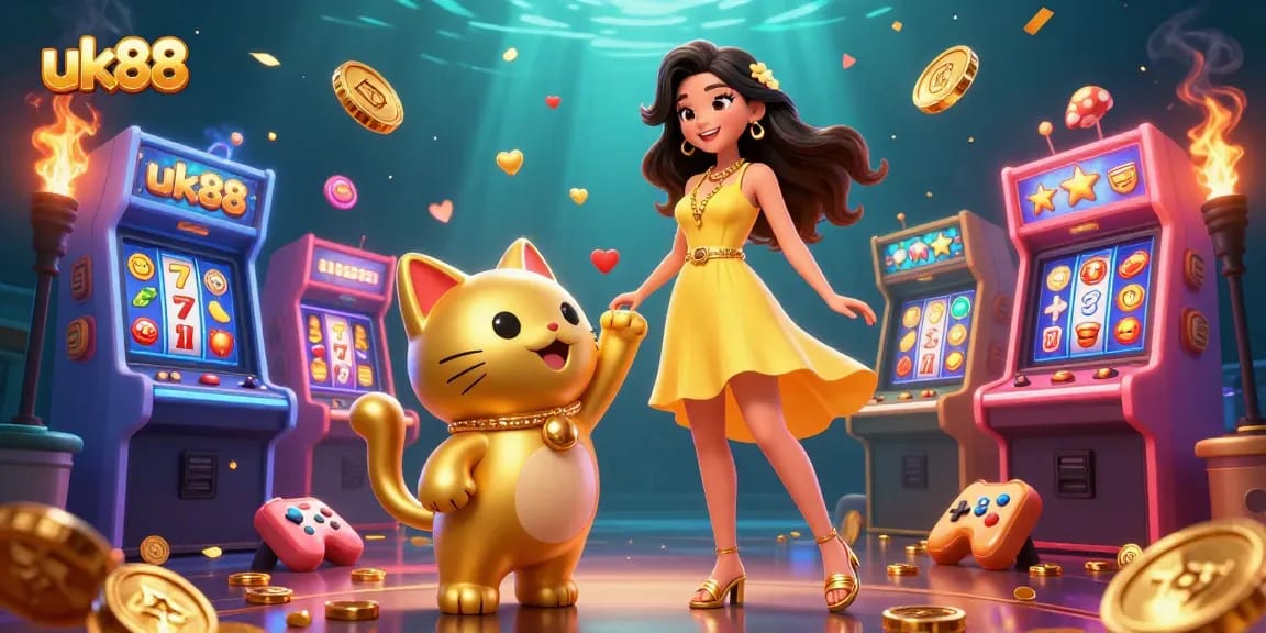 Engage with exciting slots and jackpots at uk88 with a cheerful woman and lucky cat illustration.