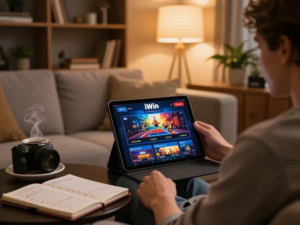 Player engaging with iWin online casino on tablet in cozy home setting with strategies.